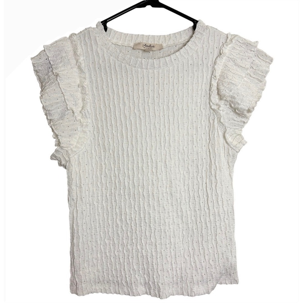 Atelier by Kirious Ruffle Sleeve Top Womens Medium White Textured Pointelle Knit